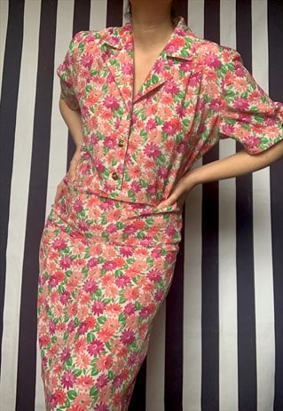 Vintage 70s pink floral midi shirt dress, Short sleeves,