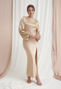 Sara Long Sleeve Split Satin Dress - Champagne