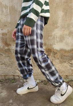 Tartan print joggers check pants chess punk overalls in blue