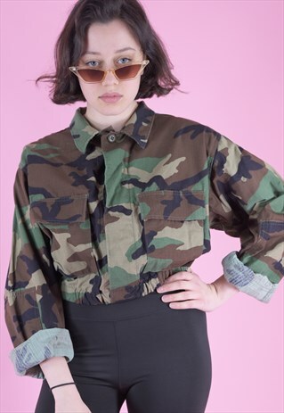 VINTAGE REWORKED CROP JACKET ORIGINAL US ARMY IN BROWN CAMO