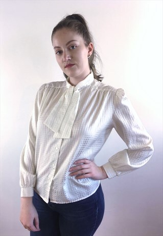 WOMENS VINTAGE 80S TOP LONG SLEEVED WHITE PUSSYBOW BLOUSE
