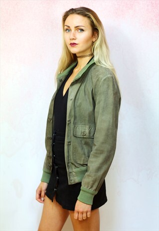 1990S VINTAGE LIGHTWEIGHT KHAKI GREEN SUEDE BOMBER JACKET