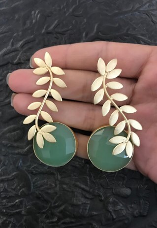BRASS GOLD EARRINGS FAUX AQUAMARINE GOLD LEAF ROMAN GREEK