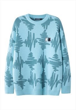 Geometric sweater zigzag jumper grunge knitted top in blue