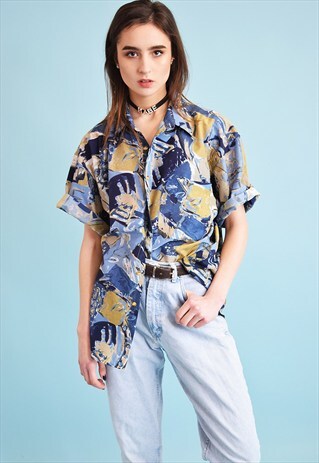 90'S RETRO ABSTRACT PRINT OVERSIZED SHIRT BLOUSE TOP