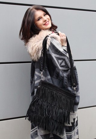 BLACK SUEDE FRINGE FESTIVAL BAG