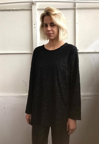 VINTAGE 80' BEAUTIFUL ELEGANT FLOWER LONG BLACK BLOUSE