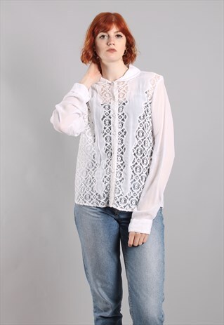 VINTAGE 90S WHITE LACE CHIFFON SHEER BLOUSE