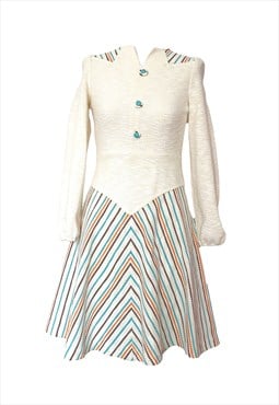 1970s vintage cream striped day midi dress, skater, A-line