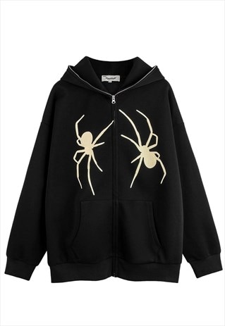 SPIDER WEB HOODIE PATCH PULLOVER GOTHIC SKATER TOP BLACK