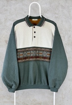 Vintage St Michael Patterned Sweatshirt Polo Collar  Medium