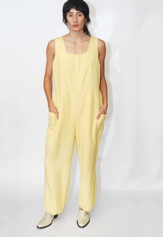 VINTAGE LINEN JUMPSUIT (XL) YELLOW PLAYSUIT ROMPER PASTEL 90