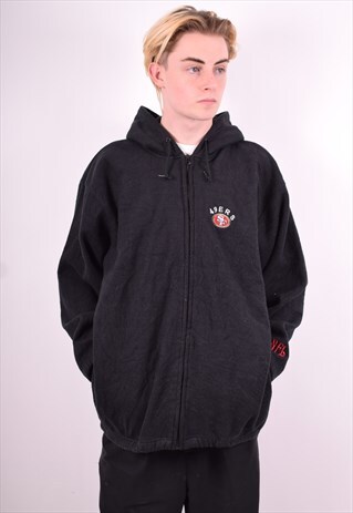 NFL MENS VINTAGE FLEECE HOODIE JUMPER LARGE BLACK 90'S
