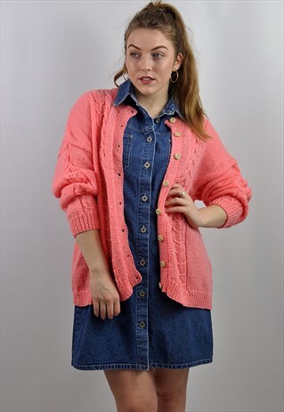 VINTAGE CHUNKY PINK GRANNY KNIT CARDIGAN
