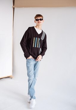 Vintage 90s Relaxed Fit Grandad Wool Sweater in Multi Knit L