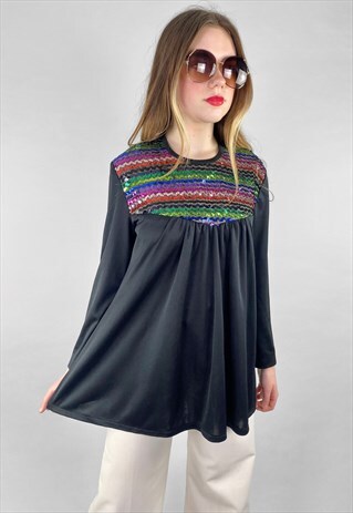 TINA WARREN VINTAGE 1970'S SEQUIN BLACK LONG SLEEVE BLOUSE