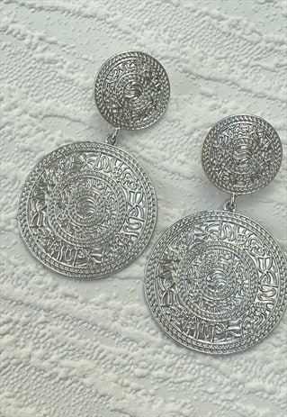 SILVER ANTIQUE STYLE DISC COIN LARGE EARRINGS