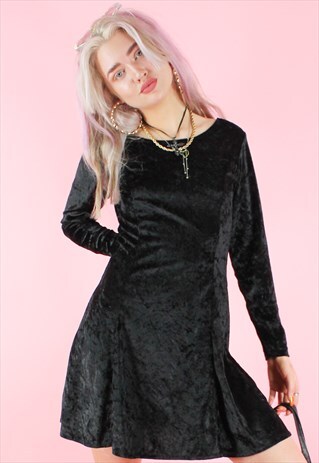 VINTAGE 90S VELVET DRESS MINI Y2K BLACK LONG SLEEVE