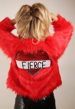 Red Faux Fur Sequin Fierce Jacket