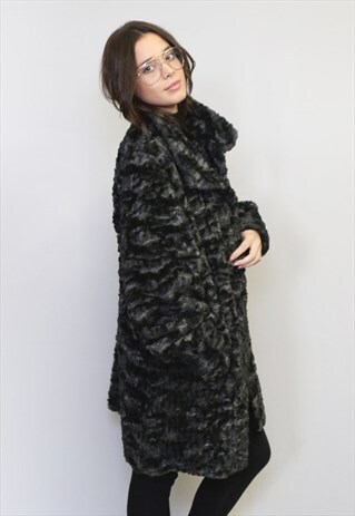 VINTAGE 1960'S BLACK & GREY LEOPARD PRINT FAUX FUR COAT
