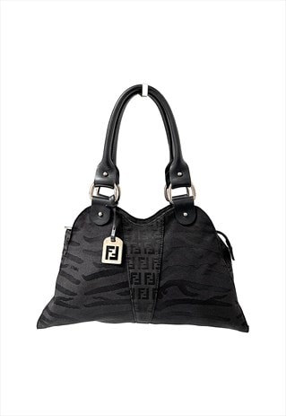 FENDI SHOULDER BAG HANDBAG BLACK ZUCCA ZEBRA VINTAGE LOGO