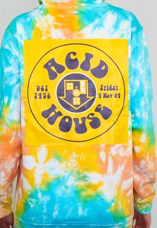 ACID HOUSE TIE DYE RAVE FLYER HOODY IN PALE SCRUNCH EFFECT