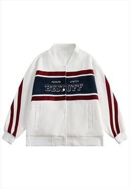 Corduroy varsity jacket racing college bomber in white red
