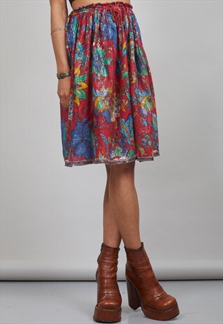 RED VINTAGE FLORAL MIDI INDIAN COTTON SKIRT