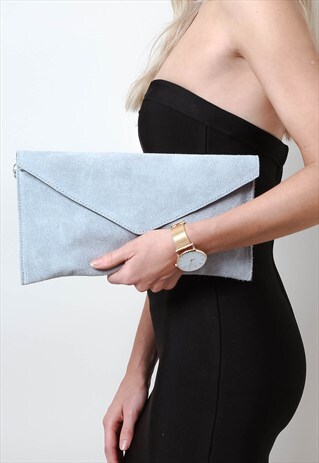LIGHT GREY SUEDE ENVELOPE CLUTCH BAG