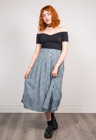 VINTAGE 90'S BLUE FLORAL PATTERN MIDI GRUNGE STYLE SKIRT