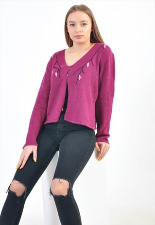 VINTAGE EMBROIDERED KNITWEAR CARDIGAN IN MAROON