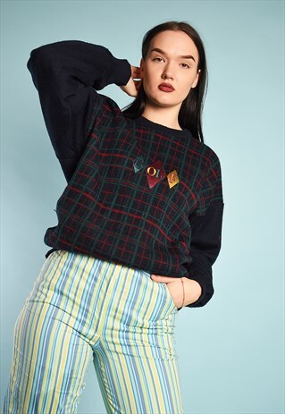 VINTAGE 80'S RETRO TARTAN CHECKED SLOGAN GOLF KNIT JUMPER