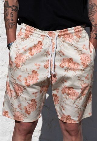 HANDMADE FLORAL PATTERN SHORTS IN OFF-WHITE