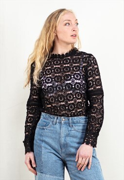Vintage 90s Lace Long Sleeve Top in Black