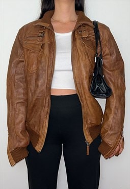 Vintage Tan Brown Real Leather Bomber Jacket