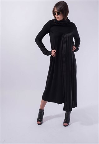 BLACK SWEATER DRESS PULLOVER MAXI BLOUSE TUNIC F1828