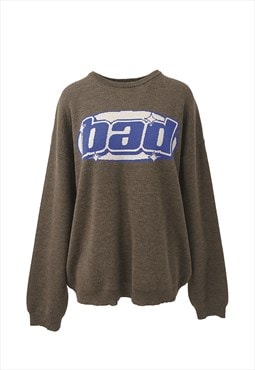 Oversized Crew Neck Knit Jumper With Chest Graphic In Brown