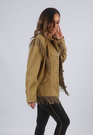 VINTAGE LEATHER TASSEL JACKET FRINGE UK 12 M (K2W)