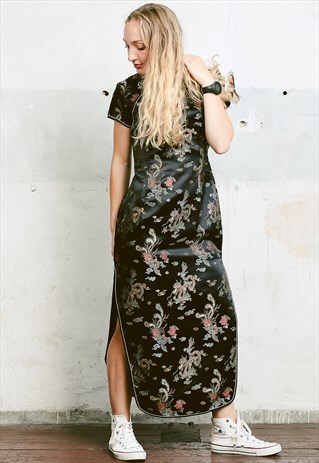 VINTAGE BLACK CHINESE DRAGON PRINT SATIN MAXI DRESS