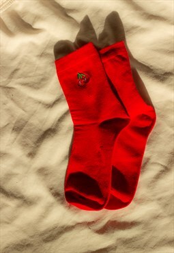 Red Cherry Fruit Embroidered Socks