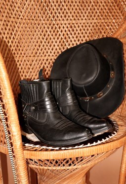 Black genuine leather motorcycle cowboy boots - uk 7 / 41