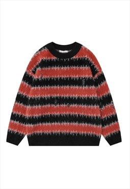 Striped sweater fluffy knitted jumper soft fleece red black