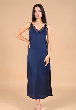 LONG NAVY SATIN NIGHTGOWN WITH LACE TRIM
