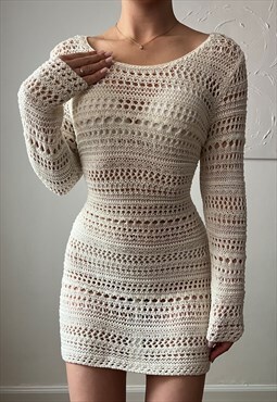 Stunning Vintage knitted midi mini sheer lace detail dress 