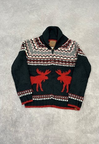 VINTAGE KNITTED CARDIGAN CANADA MOOSE PATTERNED CHUNKY KNIT