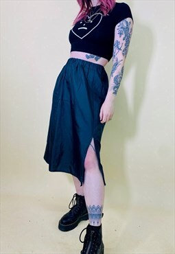 Vintage 00s Y2K 90s Green Satin Lace Detail Midi Skirt