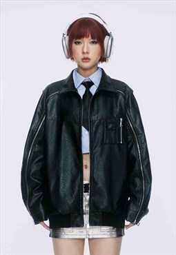 Faux leather jacket extreme zip PU bomber grunge coat black