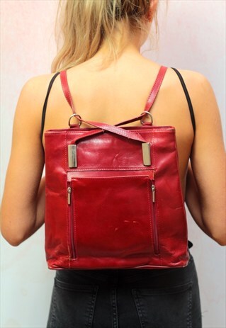 1990S VINTAGE RED REAL LEATHER BACKPACK