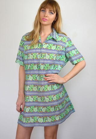 VINTAGE 70S GREEN & BLUE PATTERN MINI SHIRT DRESS