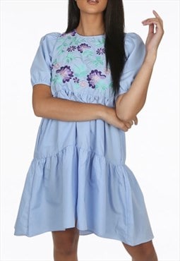 Embroidery Midi Smock Dress In Blue